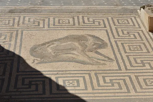 Roman mosaic floor with a geometric border and an animal figure