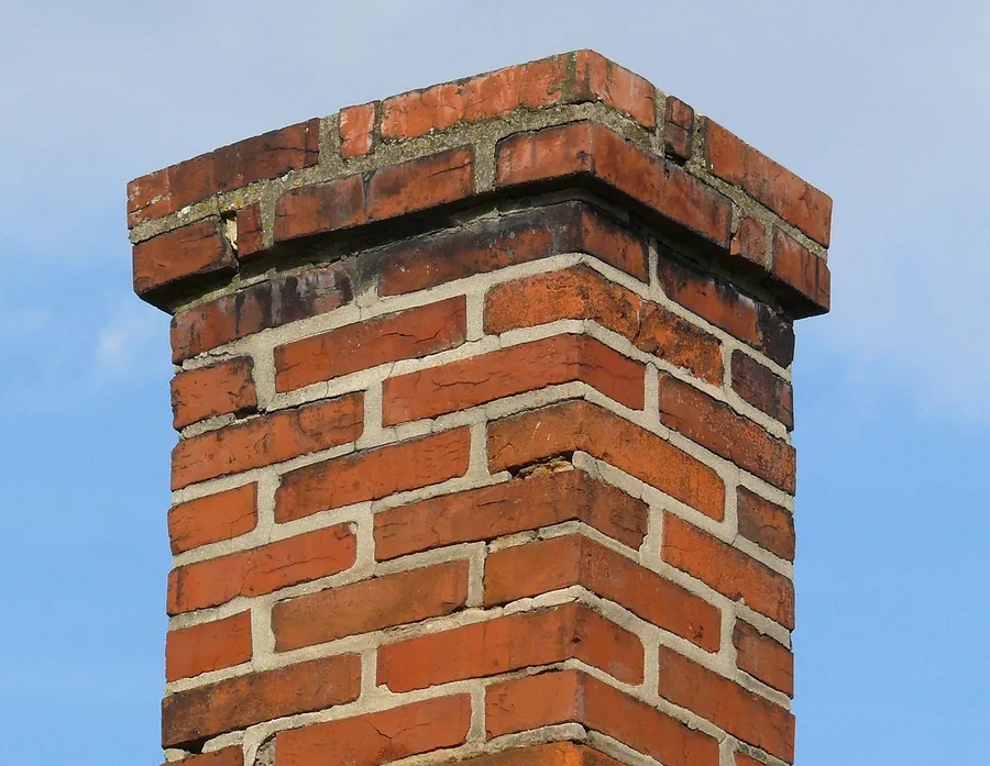 Top of an old red brick chimney stack with corbelled courses and worn mortar joints against a blue sky