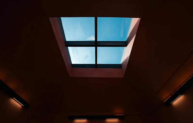 Rooflight set into a flat roof, seen from the room below