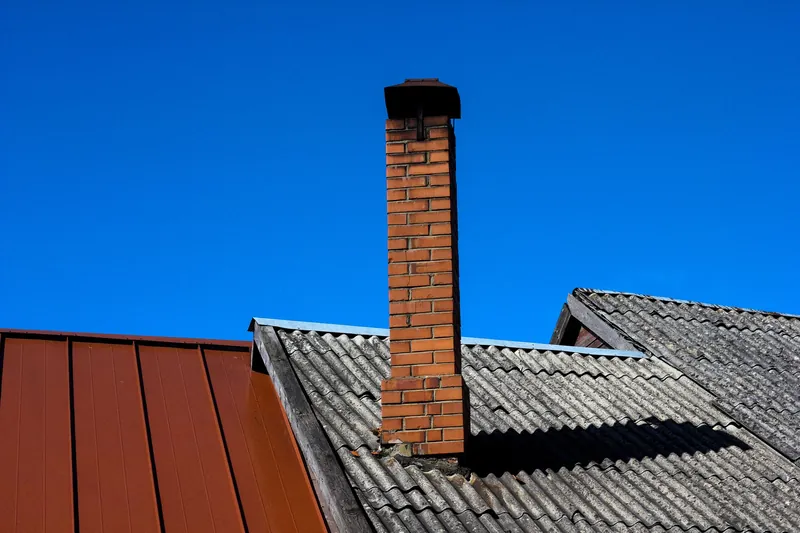 Tall brick chimney stack rising through a corrugated roof