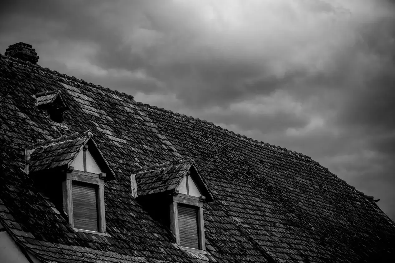 Slate roof with two dormer windows under a dark, stormy sky